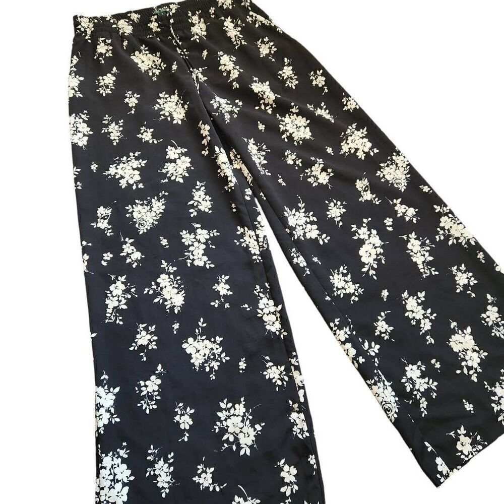 Lauren Ralph Lauren Pants Womens XS Blue Satin Floral Silky Drawstring Mid Rise